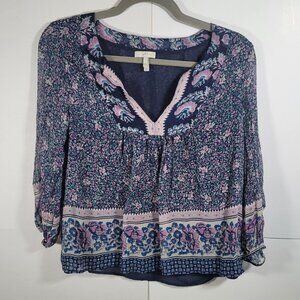 Joie Floral Boho Blouse Navy Blue Pink Long Sleeve V-Neck Top Size XXS